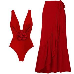 Solid Color Red Rose One Piece Classy Swimwear with Wrap-Large